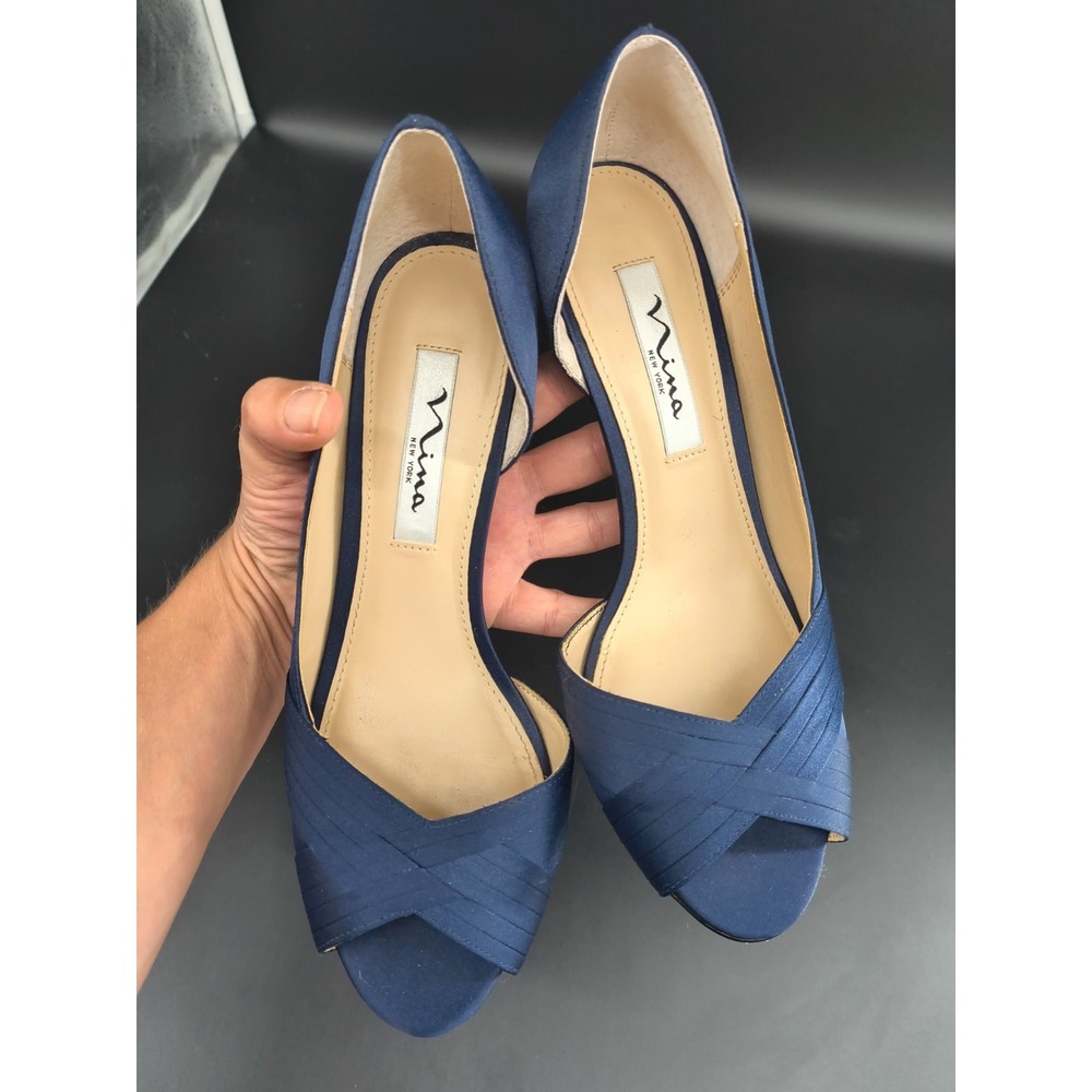 Nina Contesa D'Orsay Peep Toe Pumps Navy Blue Satin Heels Women's Size 8 Wide